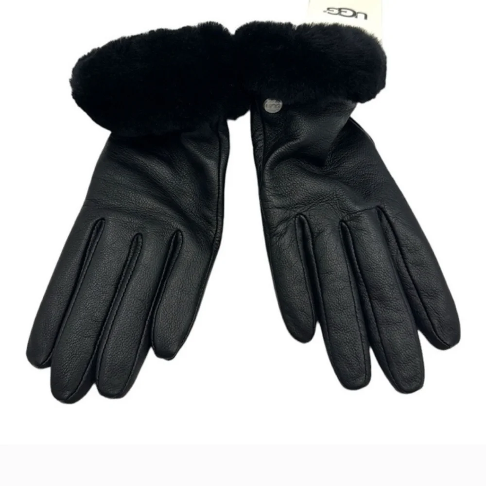 UGG Womens Shearling-Trim cuff Black leather Shorty Gloves Size Large